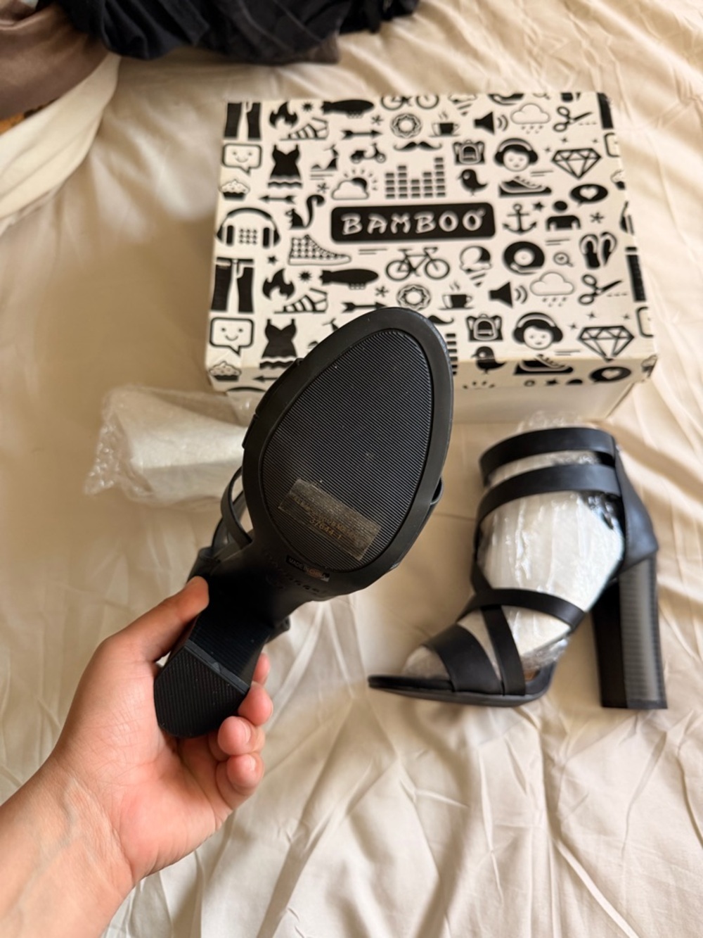 BAMBOO Black Strappy Block Heel Sandals - Picture 2 of 3